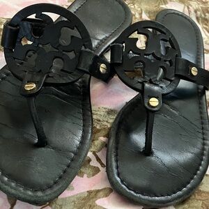 Tory Black Logo  Leather Thong Sandals
